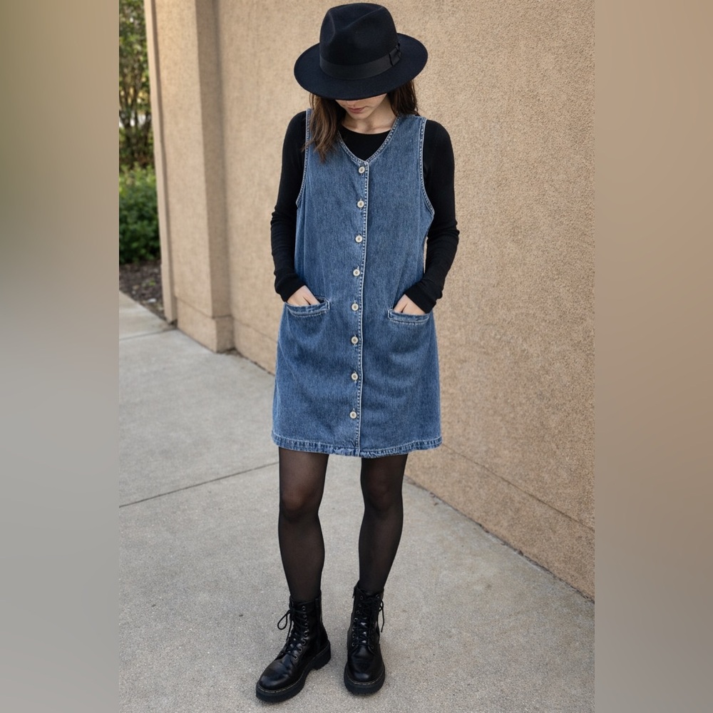 Y2K 90s Denim Jumper Dress Faded Glory Pockets Americana VTG Short Knee Length 4